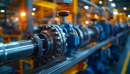 Fototapeta premium Close-up Industrial Pipeline System with Valves and Connections Inside Factory