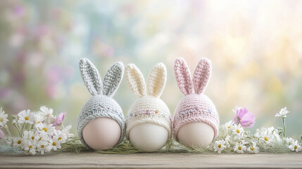 Fototapeta premium Three eggs with knitted bunny hats in whimsical Easter setup