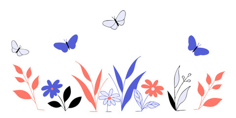 Diseño con flores y mariposas minimalista en azul y coral - Arte decorativo moderno