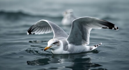 Gull gliding atop the water surface