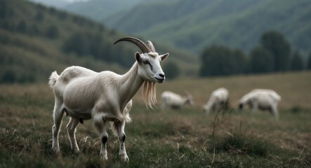Obraz premium Domestic goat (Capra aegagrus hircus) feeding in pasture