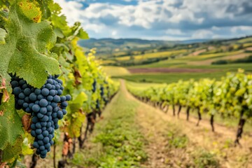 Dark Purple Grapes Hanging on Vine in Vineyard Rows Leading to Picturesque Landscape