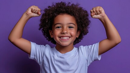 A young boy poses triumphantly, his arms flexed and a powerful smile on his face, against a purple background.