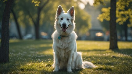 Obraz premium Contented White Swiss Shepherd sits in a sunny summer park
