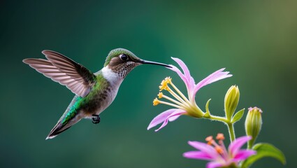 Naklejka premium Zoomed-in image of an Anna's Hummingbird sipping nectar from a flower against a soft green backdrop.