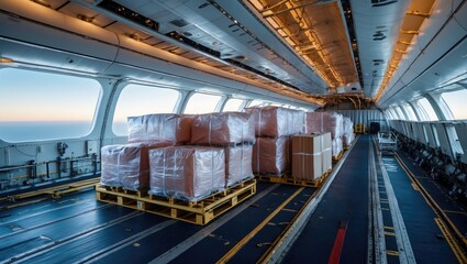 Obraz premium Cargo Loaded on the Main Deck of a Jumbo Jet Freighter Aircraft