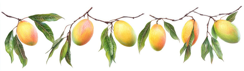 Set of branches with delicious, ripe mangoes, isolated on a white background