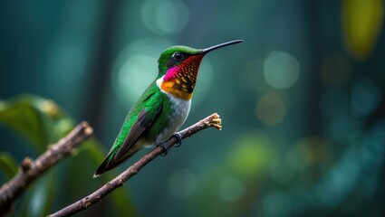 Gould's Jewel-fronted Hummingbird, a vibrant grass green bird with a rufous breast band, male, resting on a twig in a softly blurred forest setting. Located in the Sumaco volcano region, Ecuador.