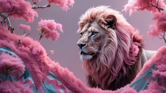 Chic Pink Tribal Artwork. Watercolor, abstract Ikat inspired by Japan, featuring a lion on fabric. Wide tribal pattern design. Concept for shimmering ivory acrylic. - Powered by Adobe