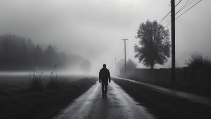 Misty rural scenery featuring a figure walking on a pathway. Desolate country road during the dawn hours. Monochrome image.