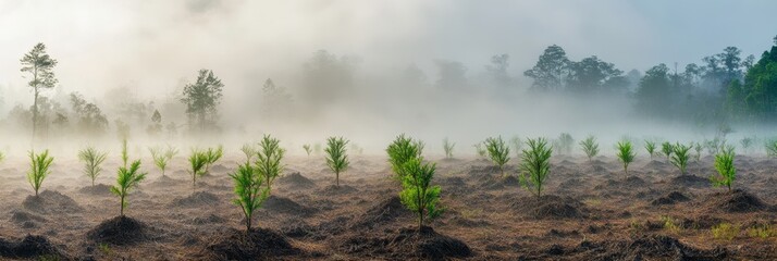 Misty Forest Scene with Newly Planted Trees Emerging from Fog