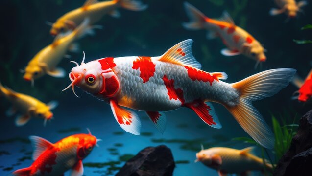 Graceful koi fish, a variety of mirror carp known as romaji nishikigoi. The haematopterus, a type of carp, has developed from the common carp into a stunning aquatic creature.