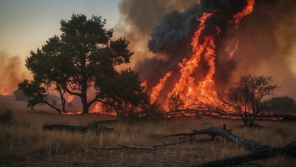 Fototapeta premium A cluster of cedar trees catches fire as the Rhea wildfire spreads across the grasslands in western Oklahoma.