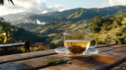 Serene Cup of Tea on Table with Scenic Mountain View in Background