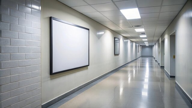 A dimly lit university corridor with a plain white wall and an empty poster frame hanging from it, showcasing a space for academic announcements , institutional sign, abstract background