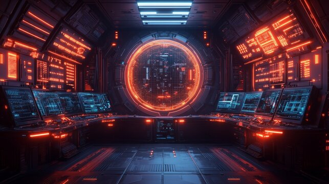 Futuristic spaceship control room with glowing orange and blue interfaces and a large circular window.