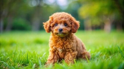 Fototapeta premium A playful red toy poodle puppy sitting on a lush green grass with its legs bent under body , grass, pet, grass, pet, cute