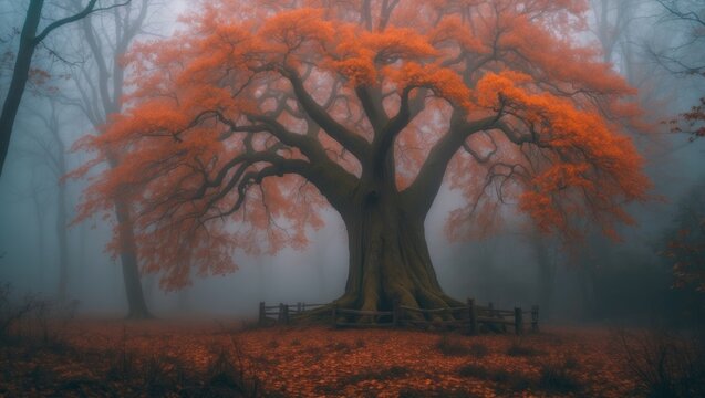 mystical tree in a foggy forest an ancient, enchanting tree adorned with vibrant orange foliage. ethereal, misty autumnal woodland. Raster Photo of a magical grove.