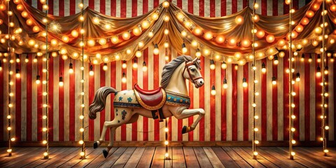 Obraz premium Vibrant striped canvas walls adorned with twinkling string lights and a vintage-style carousel horse centerpiece, playful