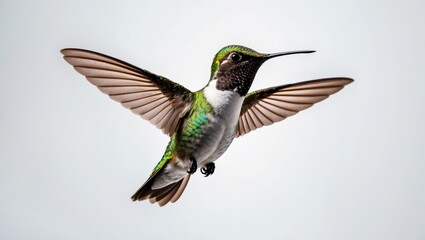 Fototapeta premium Female Anna's hummingbird soaring with wings extended to the sides, oriented to the left against a light backdrop.