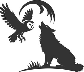 A wolf howling at an owl in flight animal vector silhouette