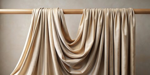 Silk velvet drapes in soft champagne hue draped elegantly across a wooden dowel stand, showcasing intricate folds and subtle sheen, elegant folds, luxurious fabrics