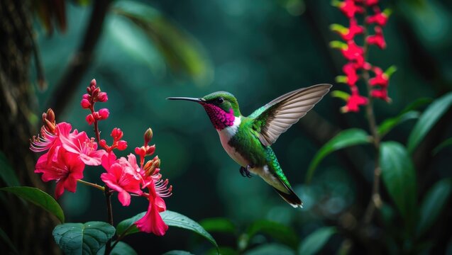 Emerald-throated Hummingbird, Colibri thalassinus, soaring through a tropical forest environment, vibrant red blooms, Tapanti National Park, Costa Rica. A wildlife moment captured in the jungle. Hu...