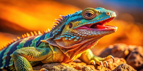 Obraz premium Colorful reptile with vibrant scales and sharp teeth basking in warm sunlight on a rocky terrain, scale, colorful lizard