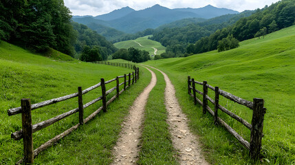 Winding road through green valley, mountains background, idyllic landscape, travel poster