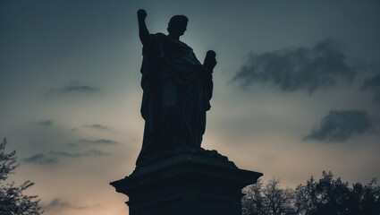 Fototapeta premium Shadowy outline of a statue set against the twilight sky