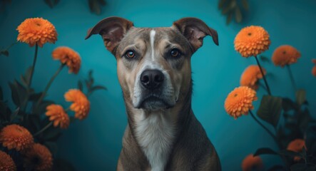 Canine portrait set against a turquoise backdrop