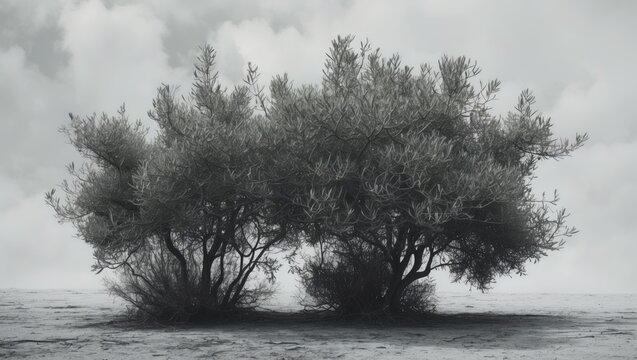 Silhouette of Olive Shrub bushes crafted in a natural design against a white background. A theme representing ecology, environmental conservation, as well as strength and resilience.