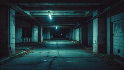 eerie nighttime underground garage in a rundown structure.