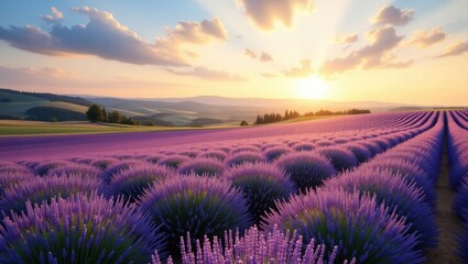 A breathtaking lavender field in full bloom, bathed in golden sunset light with rolling hills.

