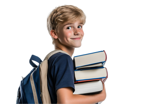 Young Student Boy with Backpack Carrying Textbooks Smiling at Camera in Bright Studio Background