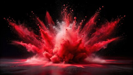Vibrant red powder erupts on a dark canvas, with fragments scattered in various directions, abstract explosion, explosion effect