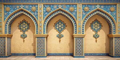 Ancient architectural details with ornate and intricate blue and gold arches, reminiscent of a bygone era, set against a warm beige background , ancient, historic