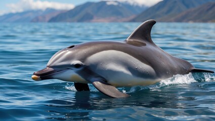 Obraz premium Dusky dolphins in the Nuevo Gulf, Valdes Peninsula, Argentina.