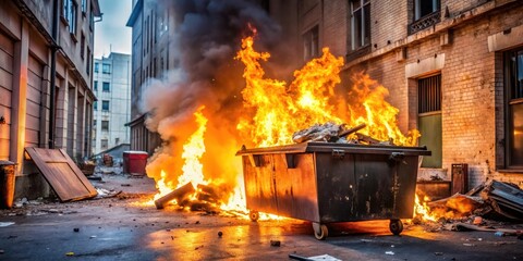 A dumpster fire rages in the background with debris scattered all over the ground and broken windows of nearby buildings, dumpster fire, disaster