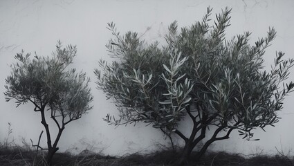 Black silhouette depiction of olive shrub bushes against a white background, symbolizing environmental concepts and the themes of resilience and sustainability.