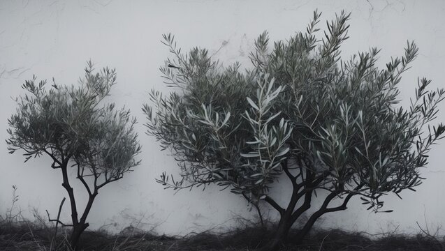Black silhouette depiction of olive shrub bushes against a white background, symbolizing environmental concepts and the themes of resilience and sustainability.