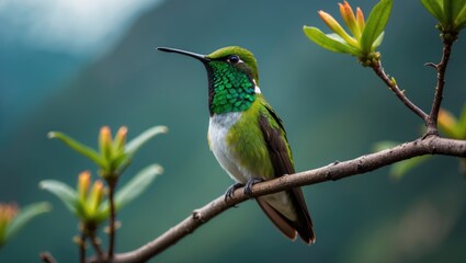 Fototapeta premium Mountain Velvetbreast - Lafresnaya lafresnayi, vibrant green hummingbird belonging to the Heliantheini tribe in the Lesbiinae subfamily, native to Colombia, Ecuador, Peru, and Venezuela, perched on...