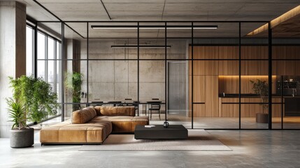 Modern loft apartment interior with glass partition separating living and dining areas, featuring a leather sectional sofa, wooden cabinetry, and large windows.