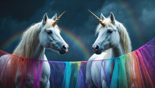 Scene featuring unicorns with a rainbow fabric backdrop