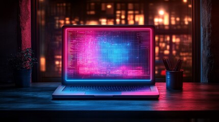 Neon-lit laptop displaying data on a desk at night.