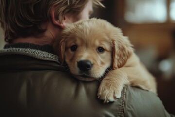 A man cradles a fluffy Golden Retriever puppy on his shoulder, showcasing their bond in a cozy indoor setting, filled with warmth and affection