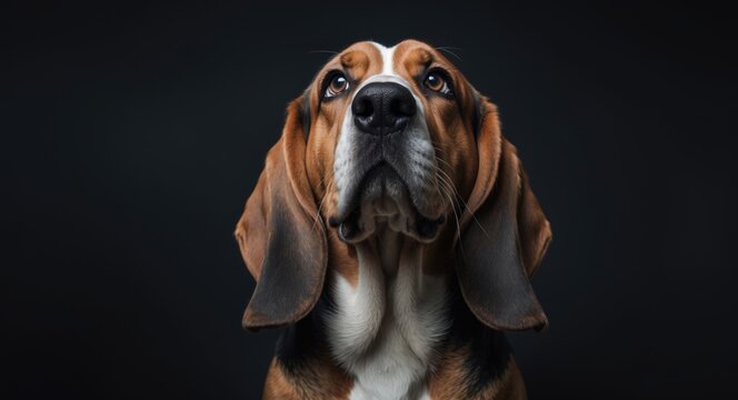 Sad Basset Hound Dog Gazing Upwards Against a Black Background, Frontal View
