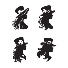 Set of girl wearing leprechaun hat silhouette. St Patrick s Day logo icon.