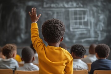 Obraz premium Bright classroom filled with enthusiastic children. One African child proudly raises his hand, eager to contribute to the discussion. His expression displays curiosity and engagement
