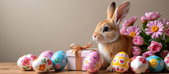 Easter Bunny with Eggs and Flowers, a Springtime Tabletop
